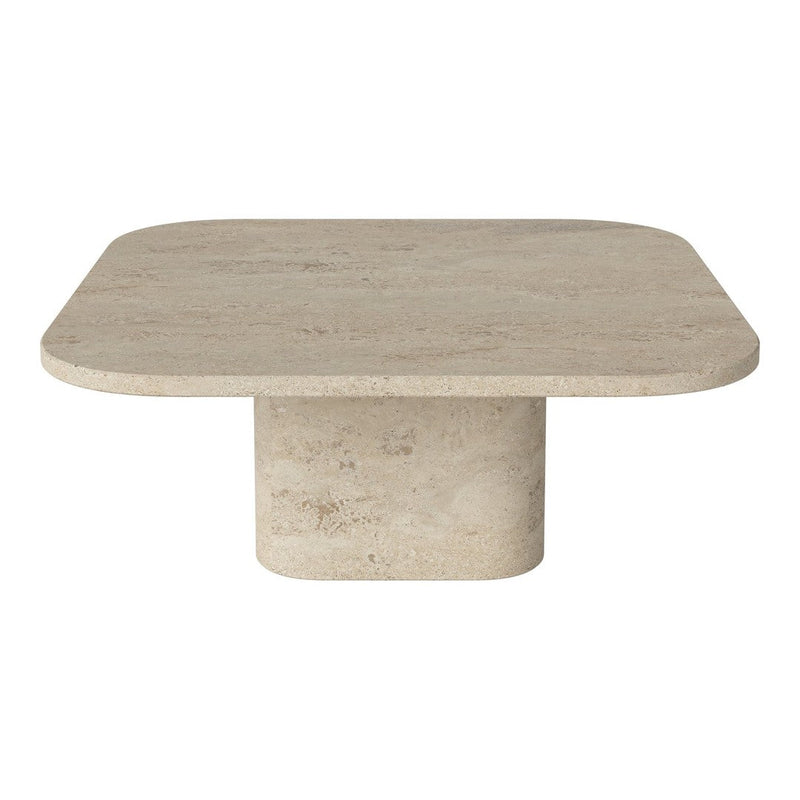 Beige square coffee table with smooth, matte finish and rounded edges; minimalist design complements modern decor.