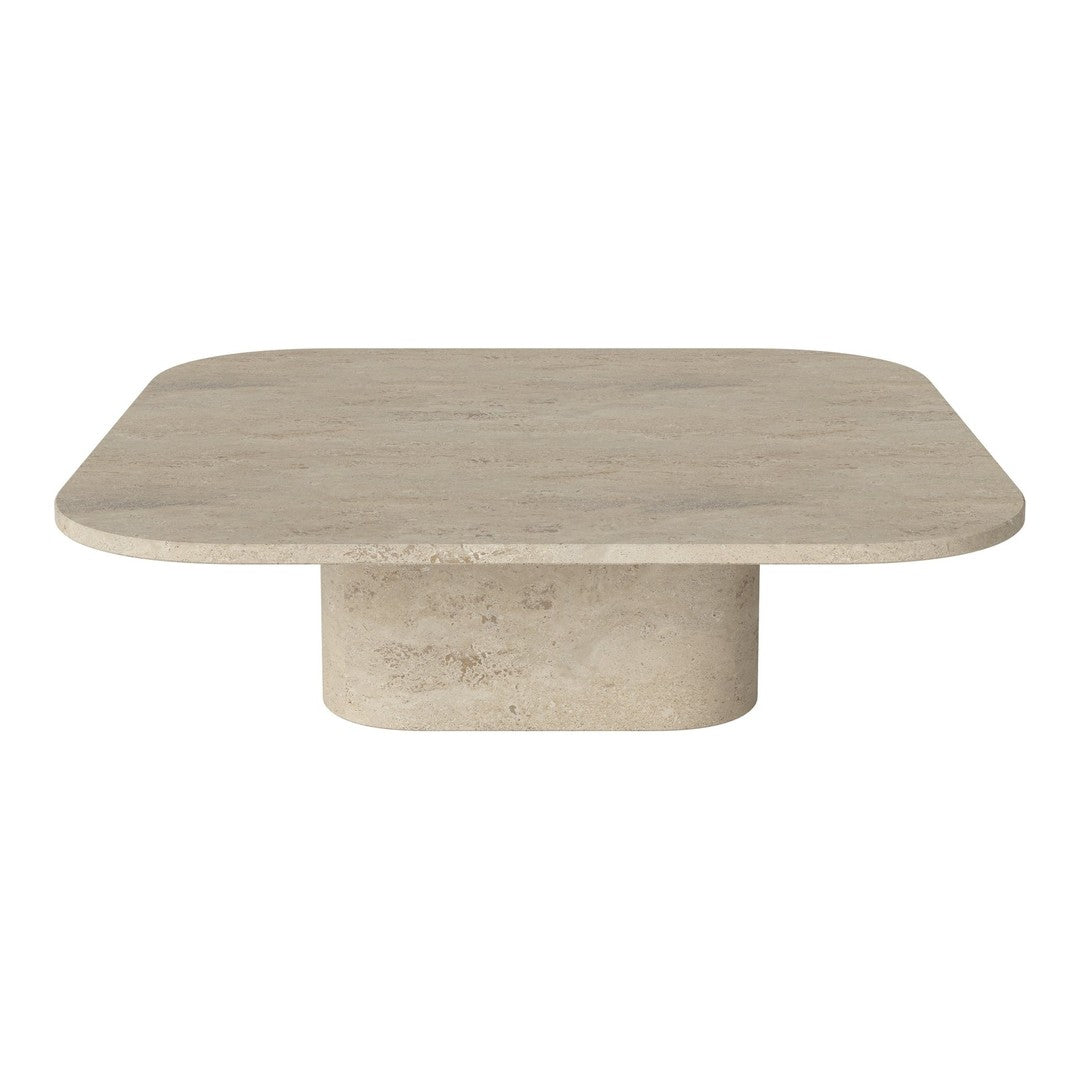 Light beige square coffee table with a smooth surface and rounded edges on a cylindrical base.