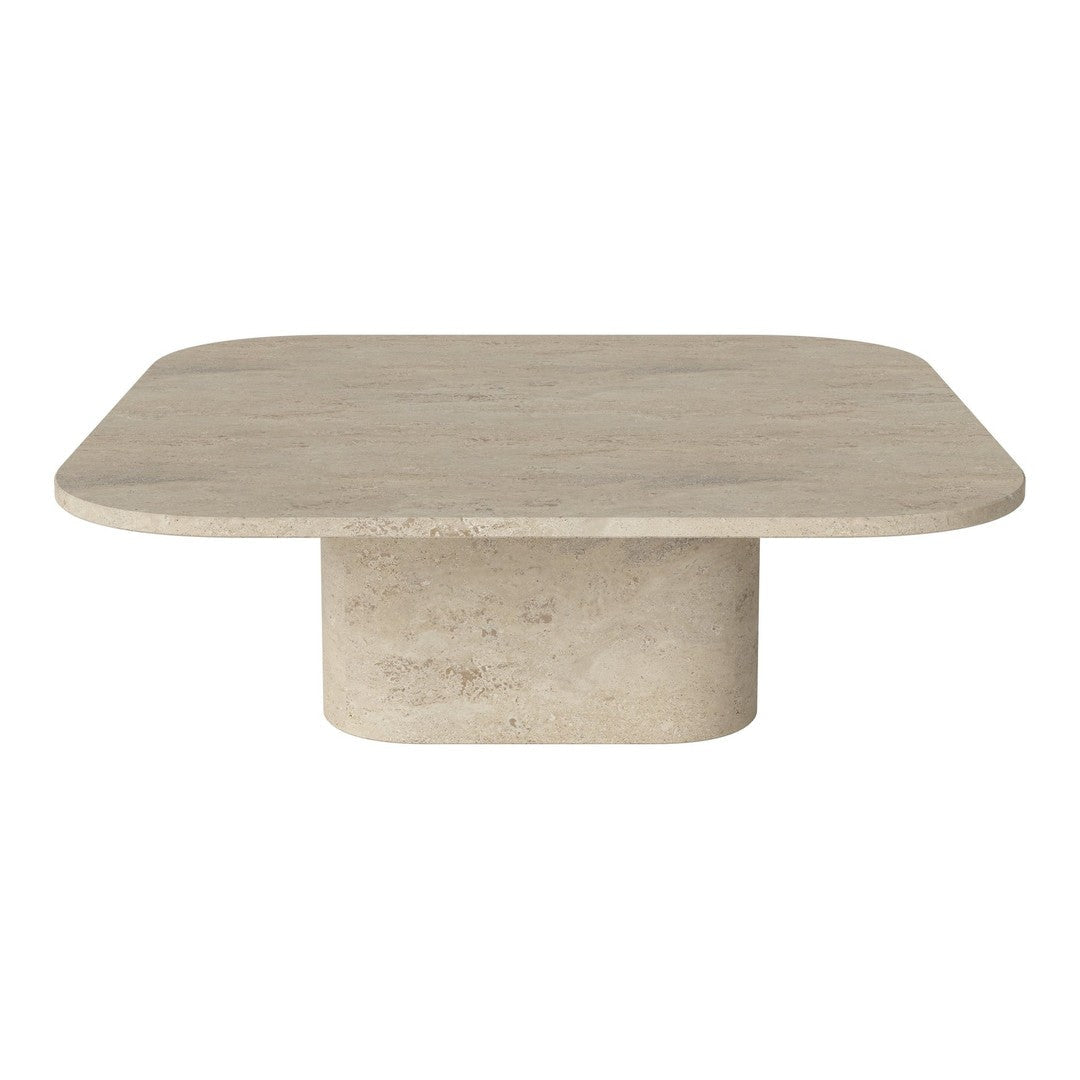 Light beige square coffee table with a smooth, minimalist design and rounded edges, featuring a natural stone finish.