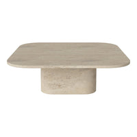 Light beige square coffee table with a smooth, minimalist design and rounded edges, featuring a natural stone finish.