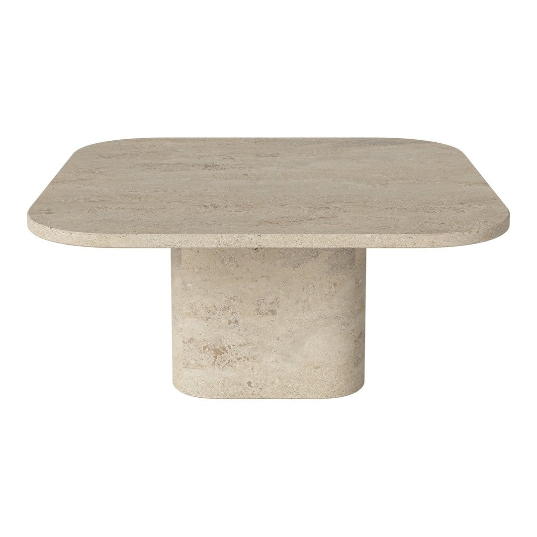 Neutral-toned square coffee table with a smooth, matte finish and soft rounded edges, featuring a minimalist design.