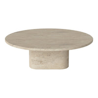 Round beige marble coffee table with a smooth, solid surface and cylindrical pedestal base. Ideal for modern interiors.