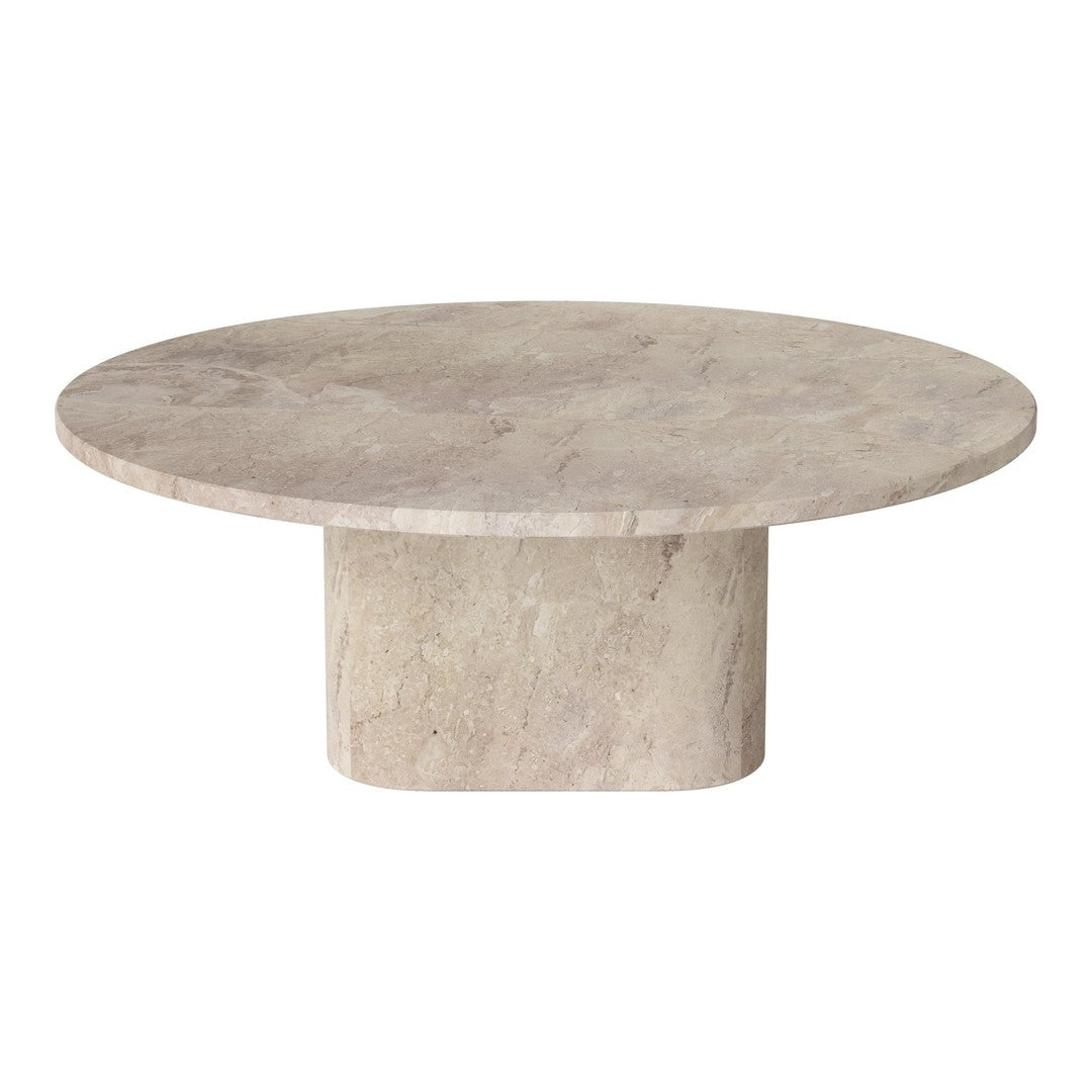 Round beige marble coffee table with a smooth, matte finish and minimalist design. Perfect for modern decor.