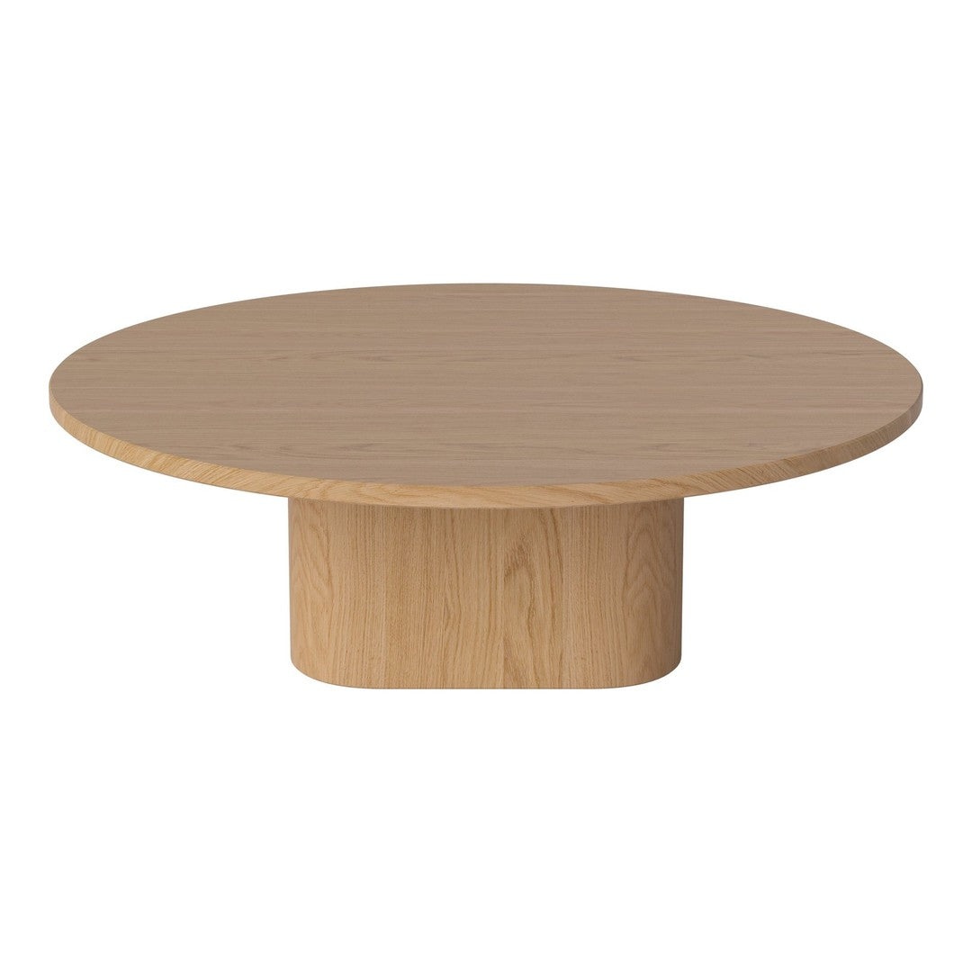Round wooden coffee table in light oak finish with a smooth, minimalist surface and cylindrical base.