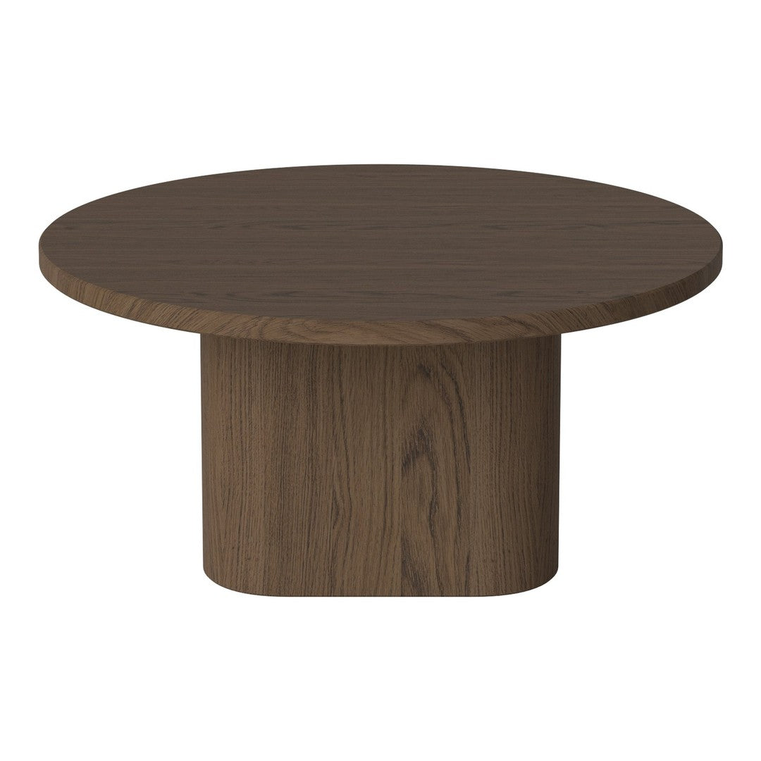 Round coffee table in rich dark brown wood finish with a smooth surface and modern cylindrical base.