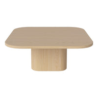 Light natural wood coffee table with a smooth, square surface and rounded edges, featuring a minimalist design.