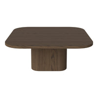 Square brown coffee table with a smooth finish and rounded edges, featuring a modern minimalist design.