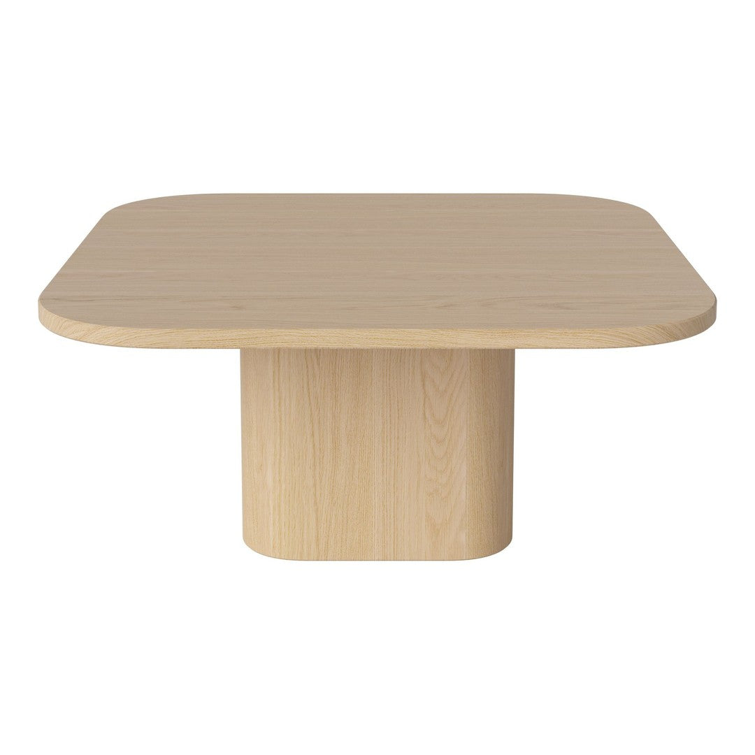 Light wooden square table with rounded edges and a simple, modern design. Neutral tones and smooth texture.