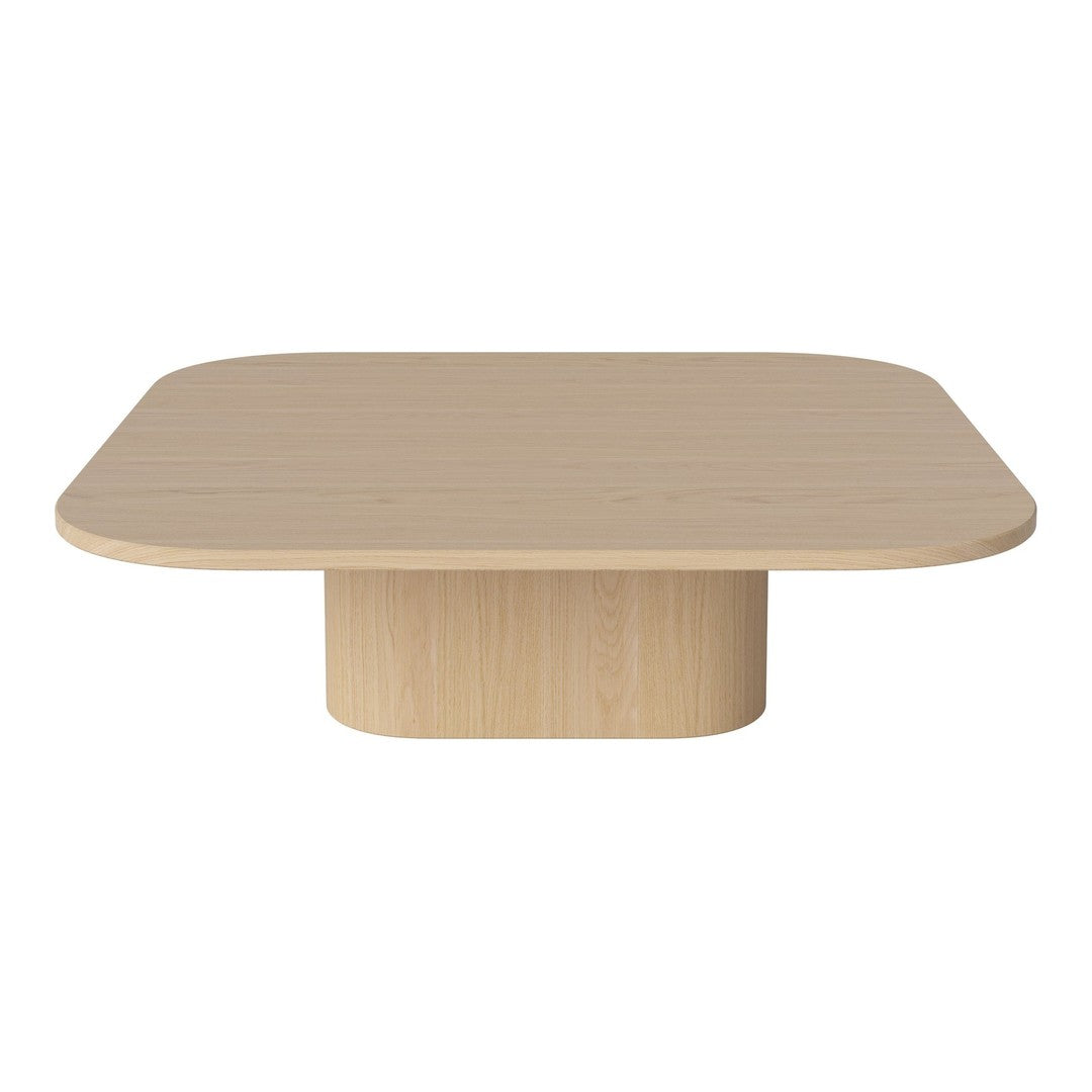 Light beige square coffee table with a smooth surface and rounded edges, featuring a minimalist design and subtle wood grain.