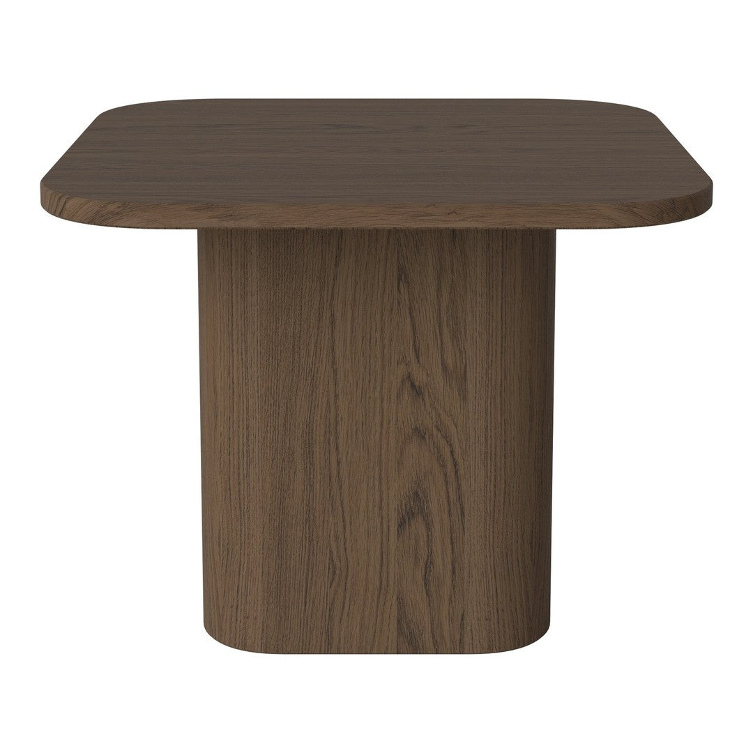 Brown wooden table with a smooth rectangular top and cylindrical base, featuring a rich wood grain texture.