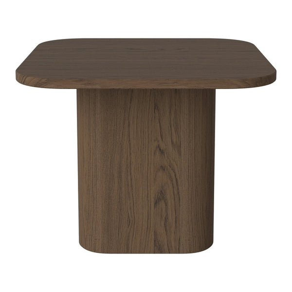 Brown wooden table with a smooth rectangular top and cylindrical base, featuring a rich wood grain texture.