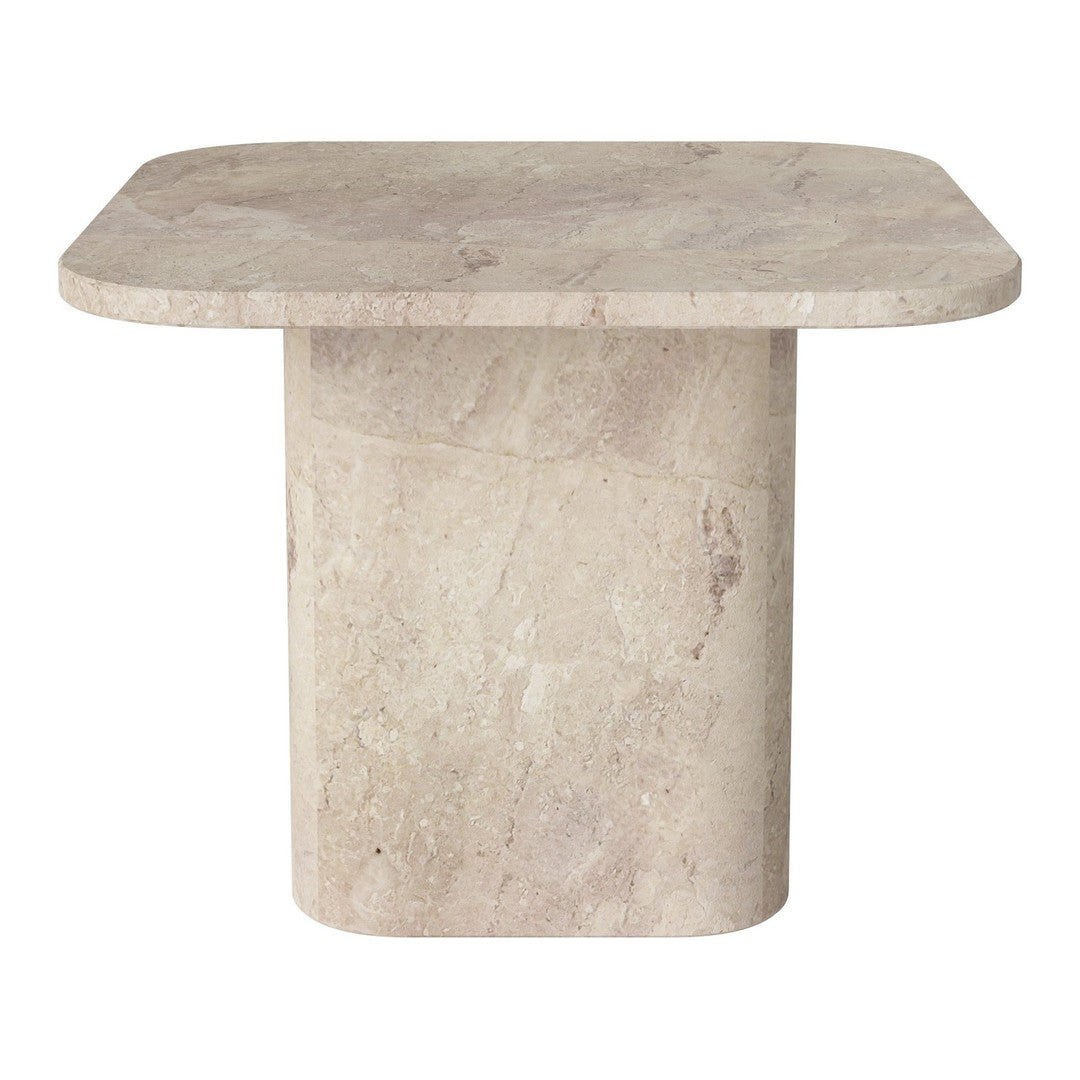 Light beige square side table with a smooth, textured surface and a cylindrical pedestal base.
