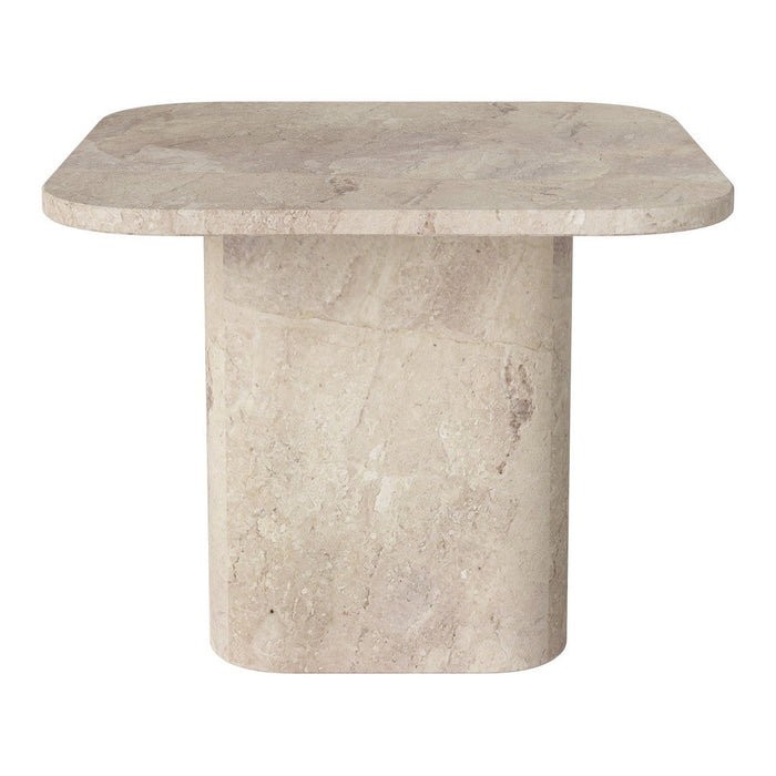 Light beige square side table with a smooth, textured surface and a cylindrical pedestal base.