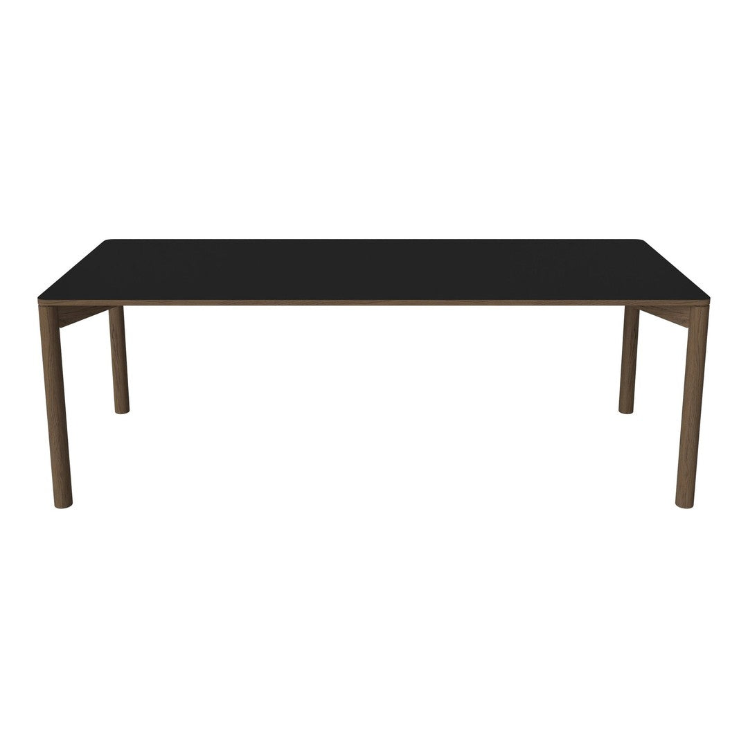 Sleek black tabletop with minimalist design, complemented by natural wood legs in a warm finish.