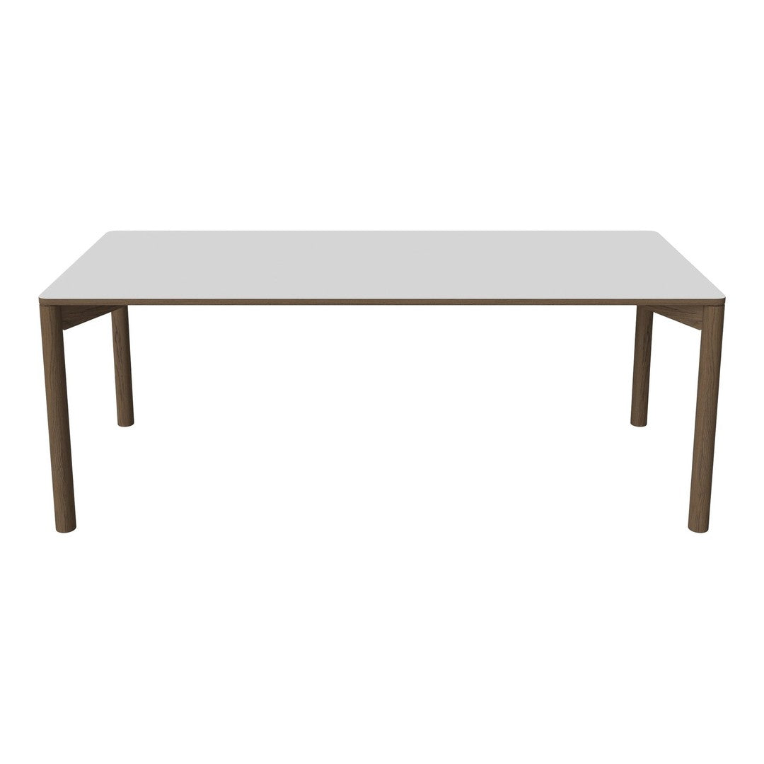 White tabletop with sleek brown legs, featuring a modern, minimalist design and a smooth surface.