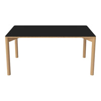 Black tabletop with natural wood legs, featuring a sleek, modern design perfect for any contemporary space.