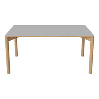 Light gray tabletop with natural wood legs in a simple, modern design. Ideal for contemporary dining spaces.