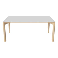 Modern rectangular table with a glossy white top and light wood legs, featuring a minimalist design and clean lines.