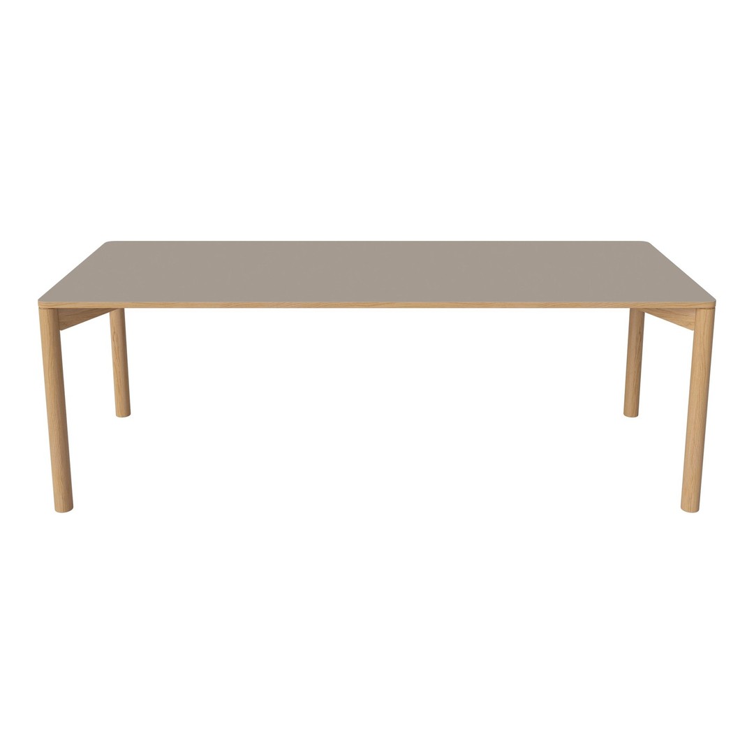 Rectangular dining table with a smooth beige surface and light wood legs, perfect for modern decor.