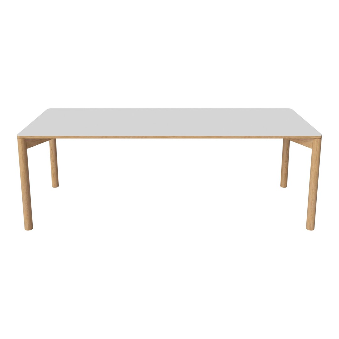 Minimalist white table with natural wood legs, featuring a sleek design and clean lines for a modern aesthetic.