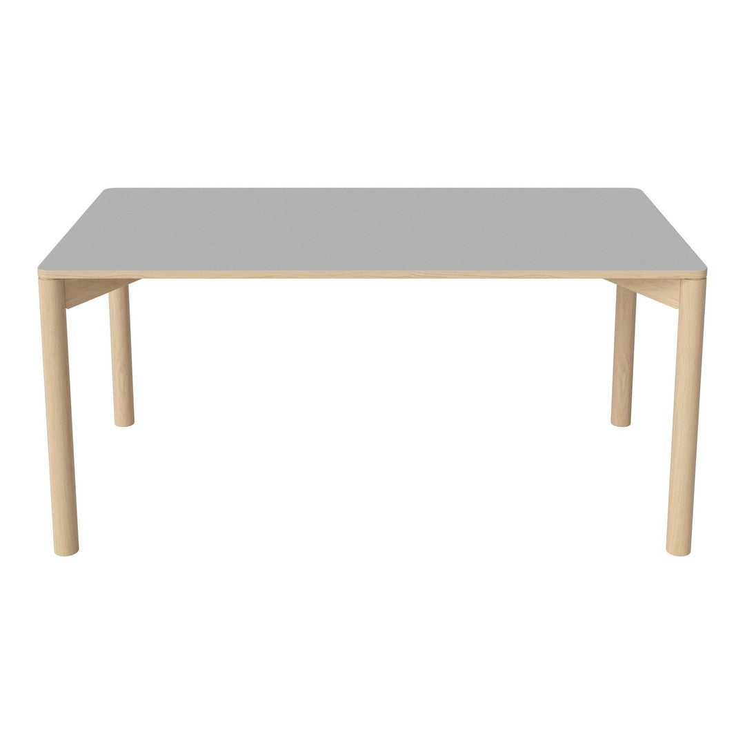 Light gray tabletop with natural wood legs; sleek and minimalist design suitable for modern decor.