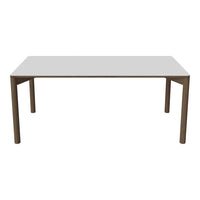 White tabletop with smooth finish and brown wood legs, perfect for modern dining spaces. Minimalist design.