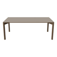 "Rectangular dining table in a solid taupe color with a smooth, modern finish."