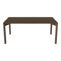 Brown rectangular dining table with a simple slatted pattern, perfect for modern or rustic decor.