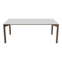 Sleek white tabletop with brown legs, featuring a minimalist design and smooth finish for modern interiors.