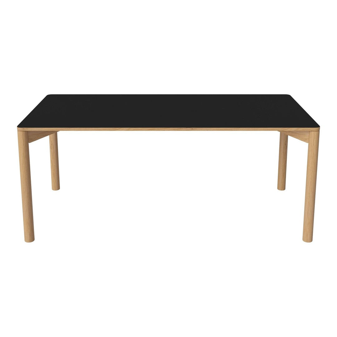 Black tabletop with natural wood legs, featuring a sleek and modern design. Ideal for contemporary dining spaces.