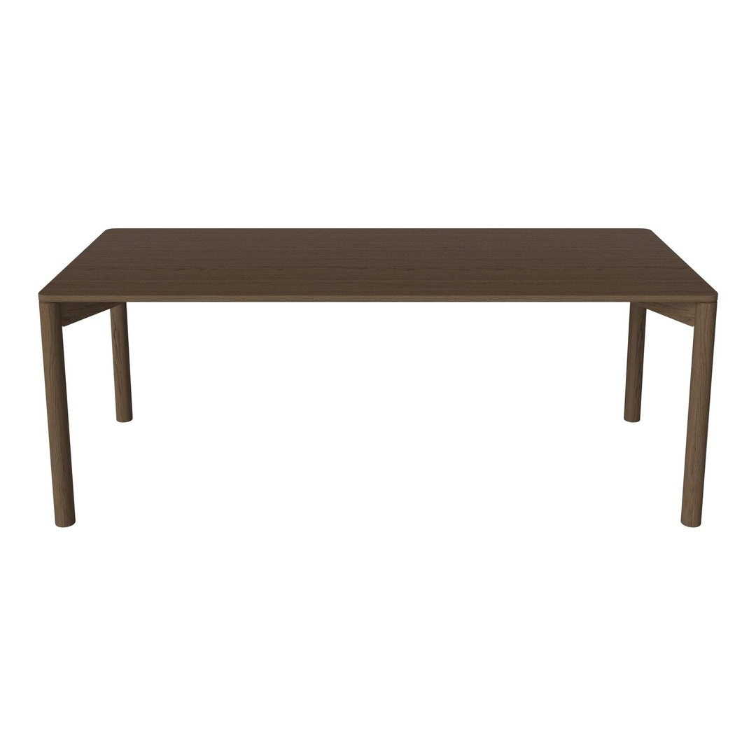 Brown rectangular table with a smooth, solid surface and sleek, modern legs. Ideal for dining or workspace settings.