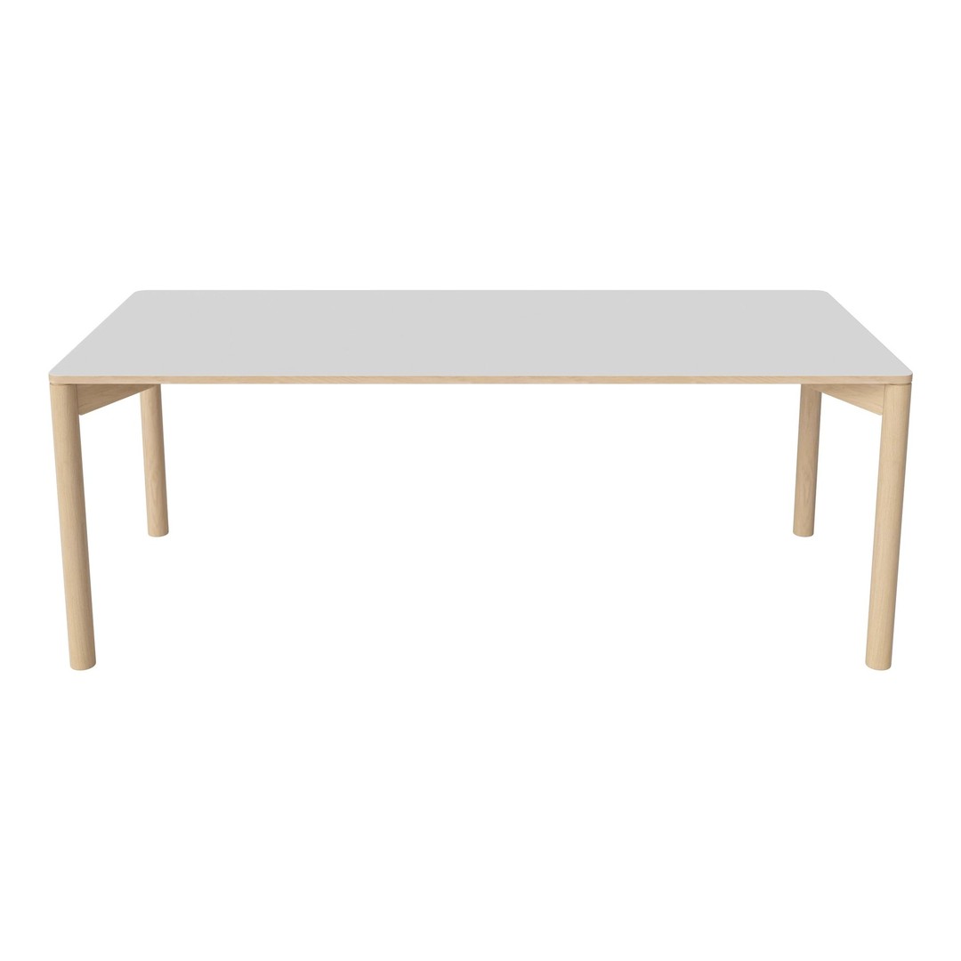 White tabletop with natural wood legs, featuring a sleek, modern design and minimalistic aesthetic.