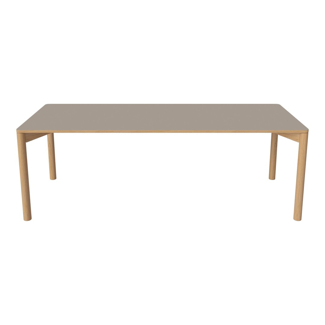 Light beige rectangular table with smooth surface and wooden legs, perfect for modern dining spaces.