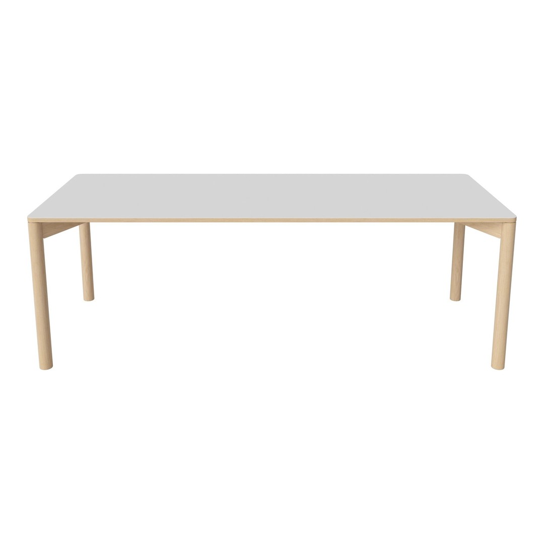 Modern white tabletop with natural wood legs, featuring a sleek, minimalist design for contemporary spaces.