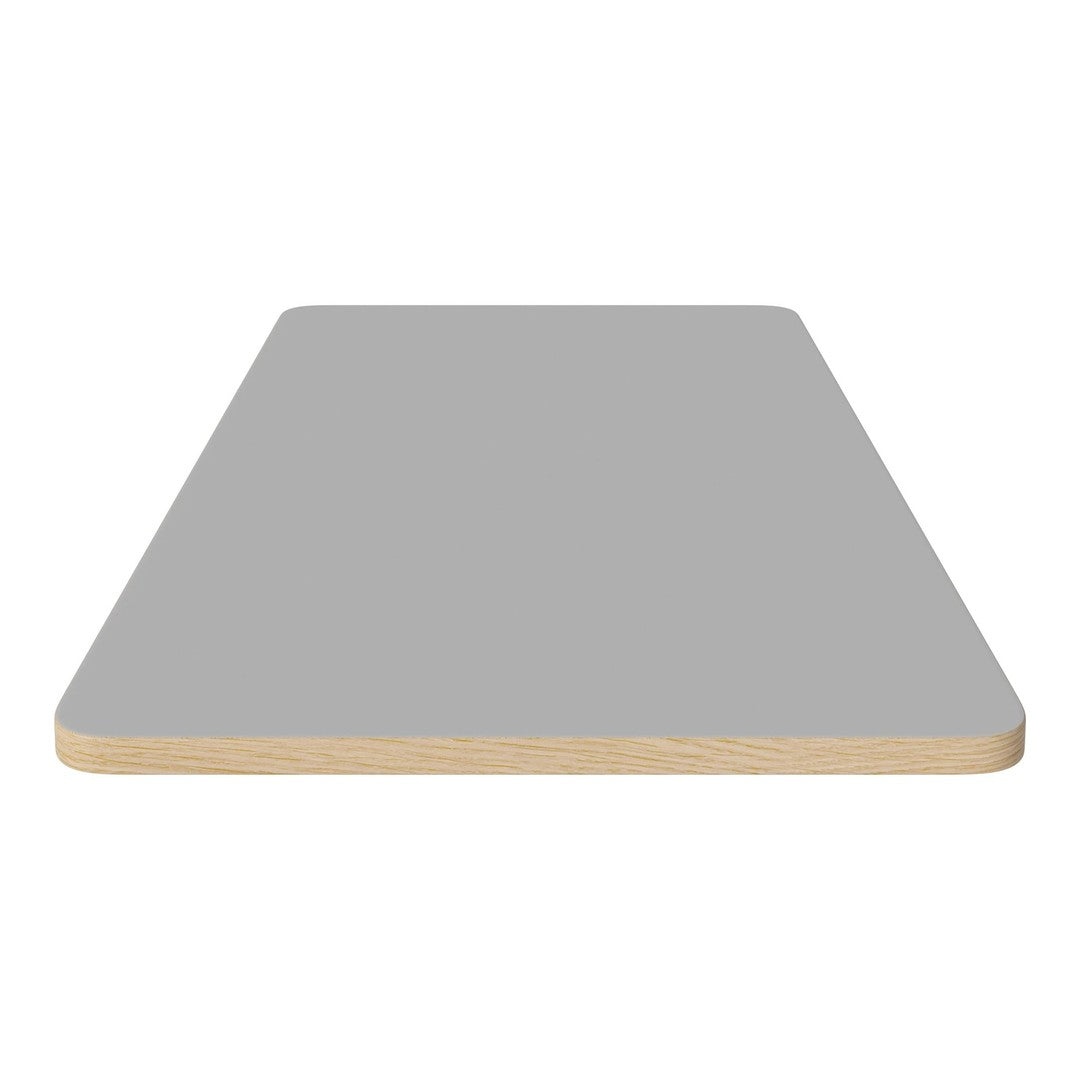 Gray tabletop with smooth finish and natural wood edge. Simple, modern design perfect for various decor styles.
