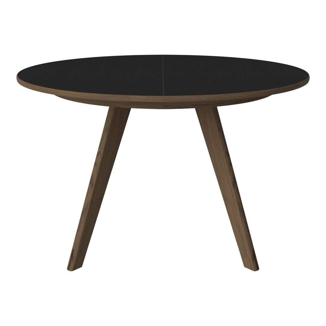 Round black tabletop with a light brown wooden base, featuring a minimalistic, modern design.