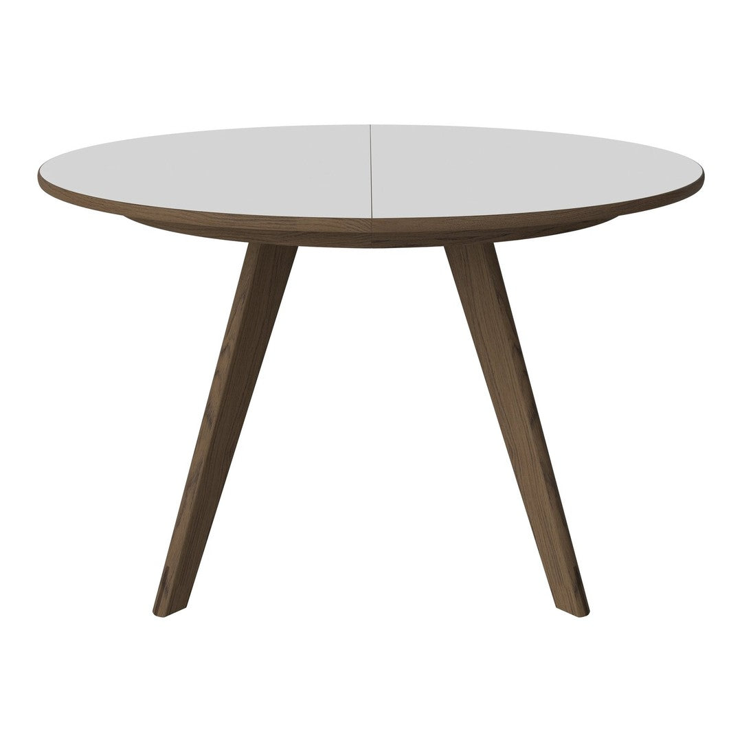 Round white tabletop with natural wood legs, featuring a sleek modern design and smooth finish. Ideal for contemporary spaces.
