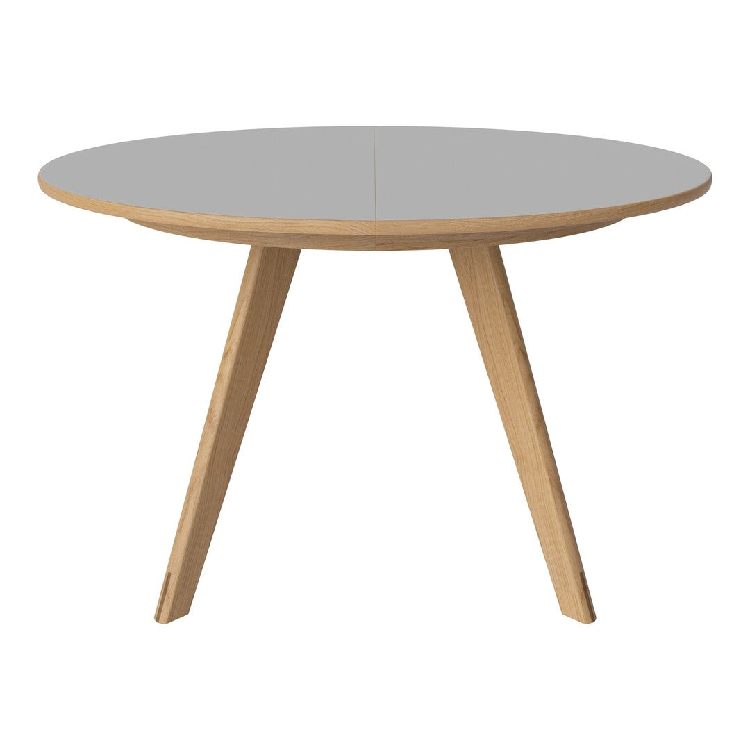 Round gray tabletop with natural wood legs, showcasing a minimalist design suitable for modern decor.