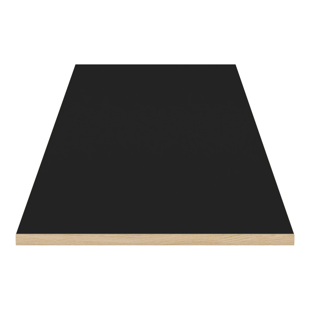 Black tabletop with a smooth, matte finish and natural wood edge. Ideal for modern decor.