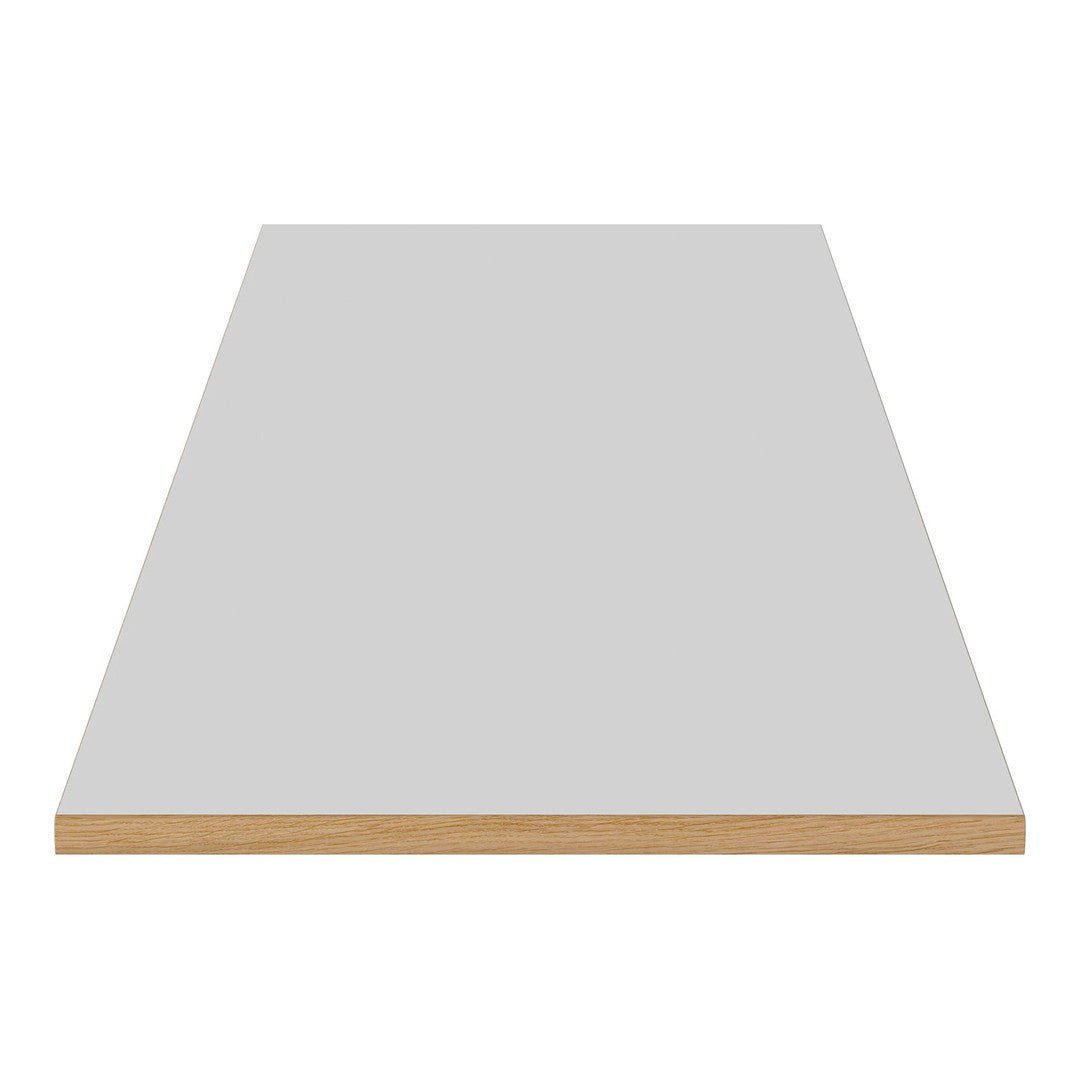 Flat surface in sleek light gray with a natural wood trim, perfect for modern decor.