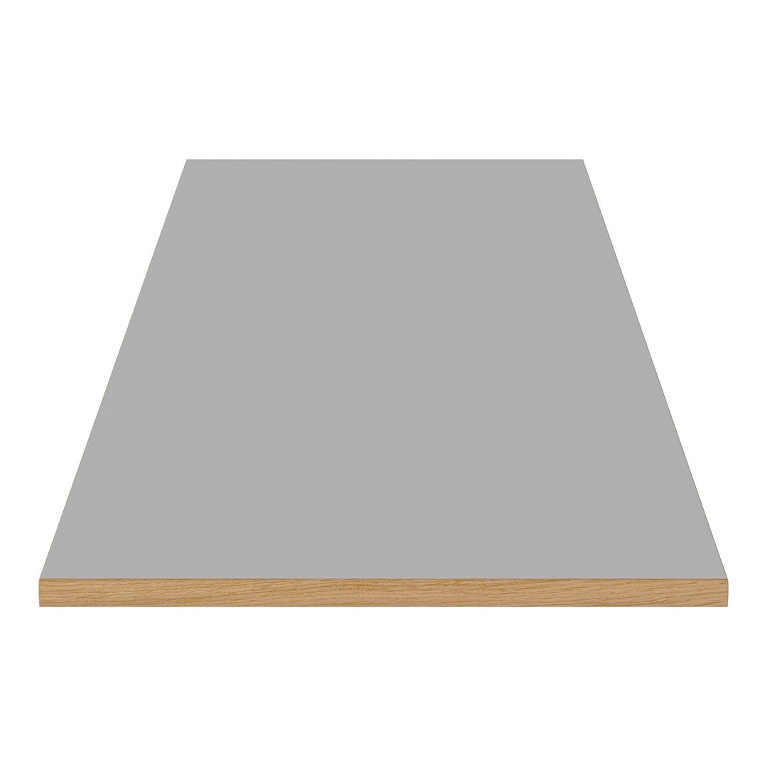 Gray tabletop with a simple, flat surface and natural wood edge for a modern, minimalist look.