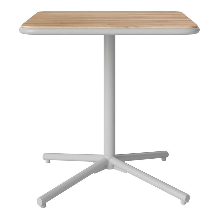 Light wood tabletop with smooth finish and white metal base, featuring a clean, minimal design. Ideal for modern spaces.