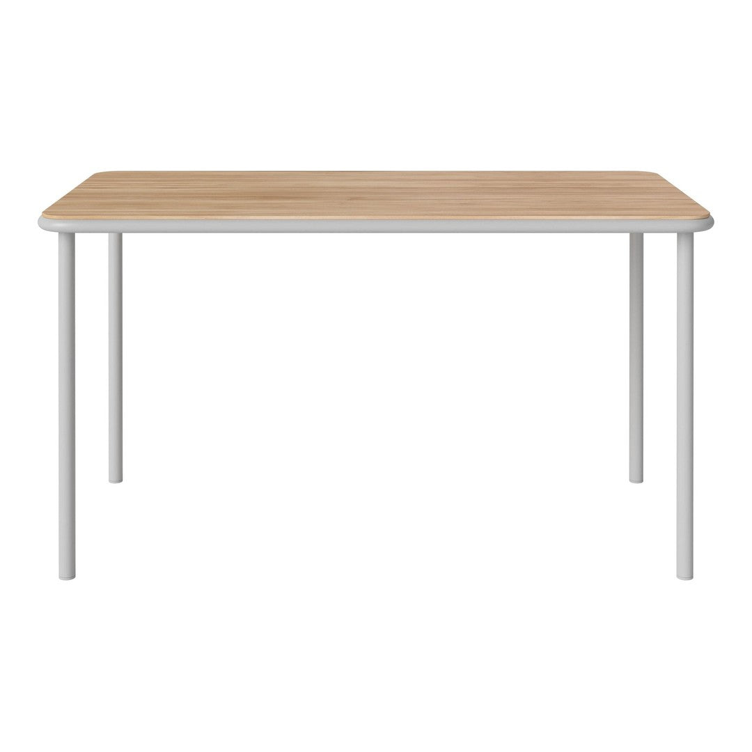 Natural wood tabletop with light beige finish, paired with slim white metal legs for a modern look.
