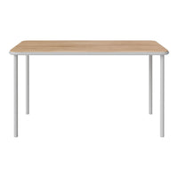 Natural wood tabletop with light beige finish, paired with slim white metal legs for a modern look.