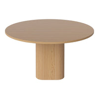 Round wooden table in light oak finish with a smooth, natural wood grain pattern. Perfect for modern dining spaces.