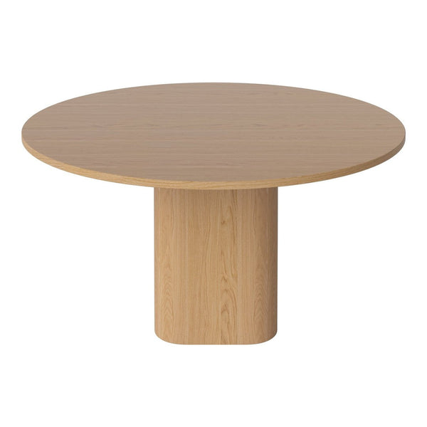 Round wooden table in light oak finish with a smooth, natural wood grain pattern. Perfect for modern dining spaces.