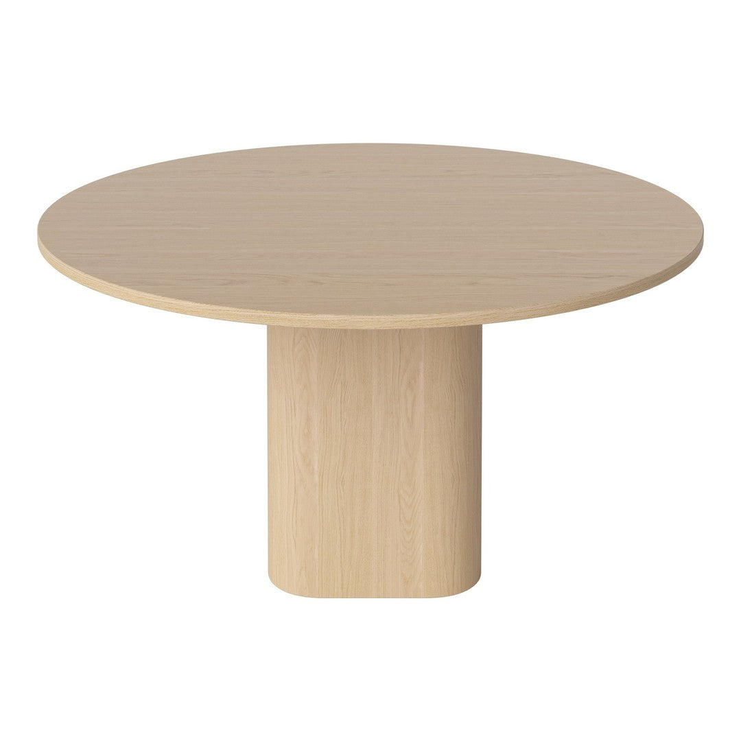 Light wood round table with a smooth surface and cylindrical base, showcasing a minimalist design and natural finish.