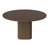 Round brown dining table with a smooth surface and a cylindrical pedestal base, featuring a sleek, modern wood grain pattern.