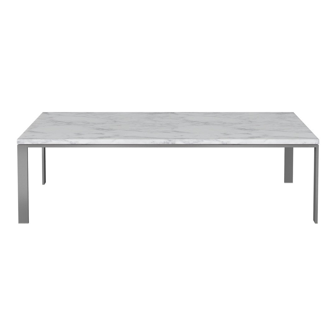 Rectangular coffee table with a sleek white marble top and minimalist silver legs, showcasing elegant natural patterns.