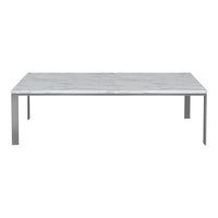 Rectangular coffee table with a sleek white marble top and minimalist silver legs, showcasing elegant natural patterns.